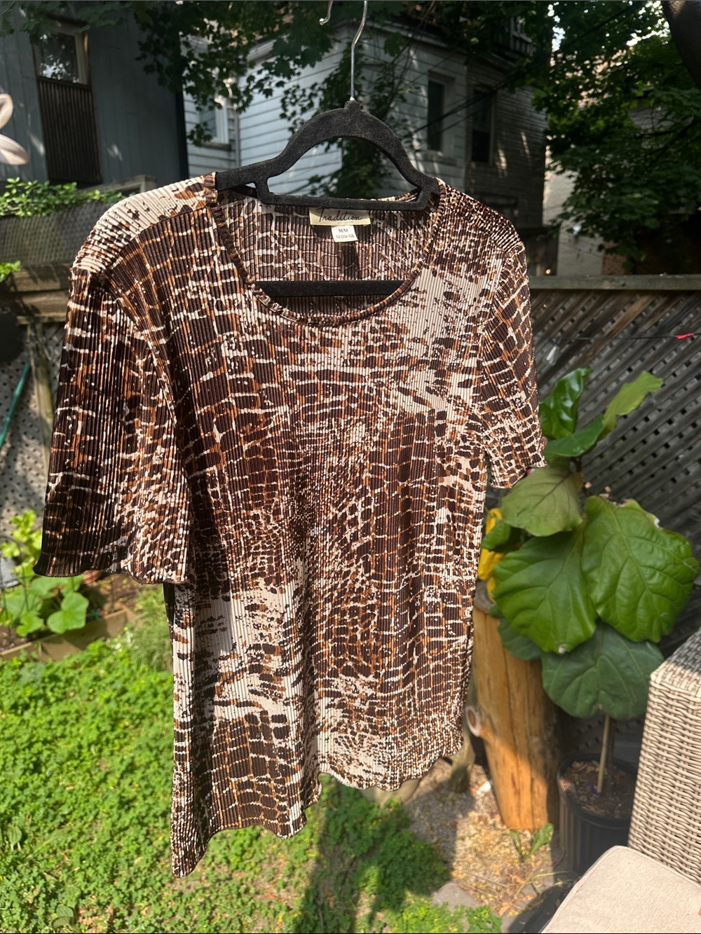 Brown & Cream Textured Printed Short-Sleeve Top